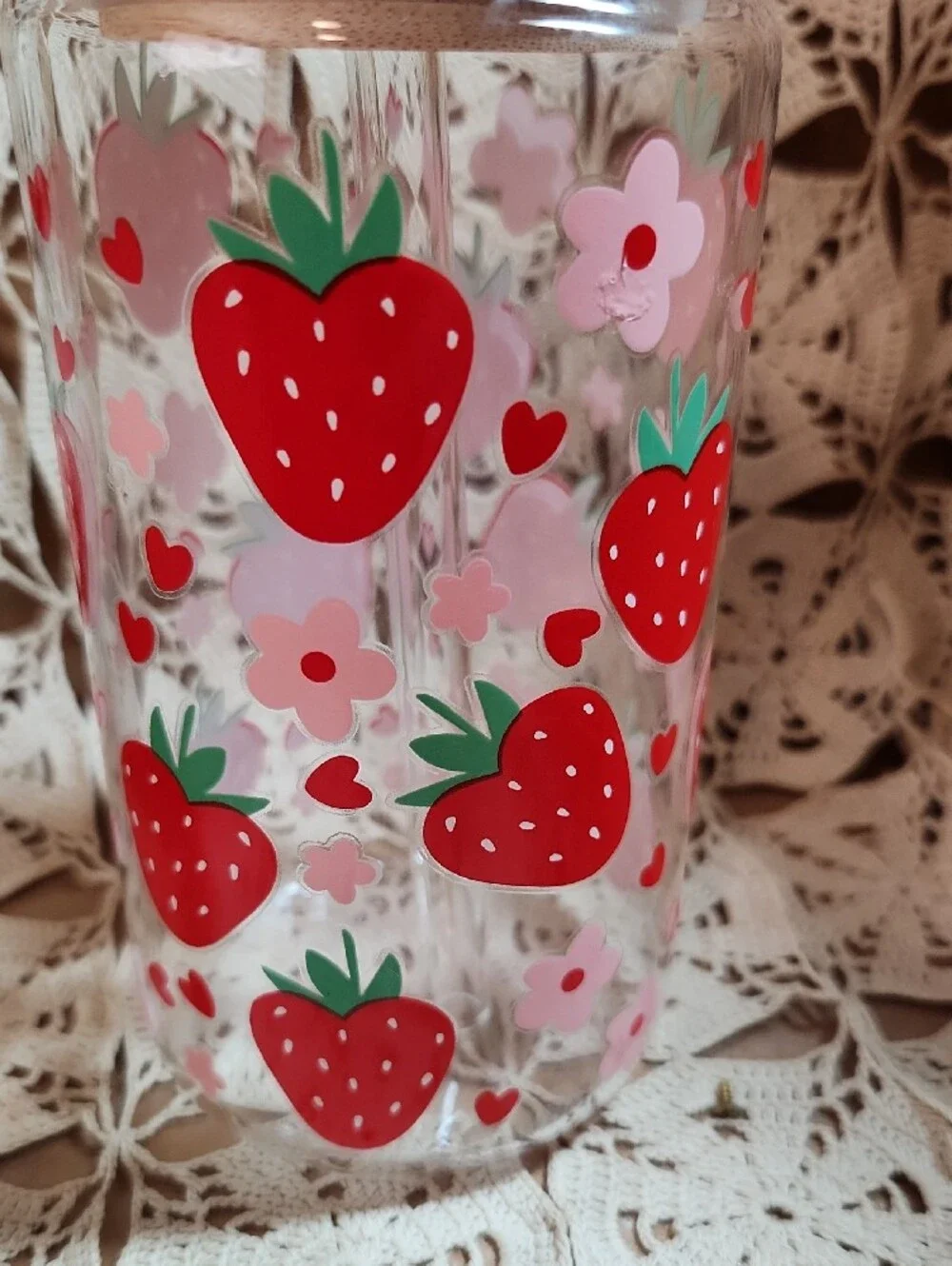Strawberry Print Clear Cup with Glass Straw
